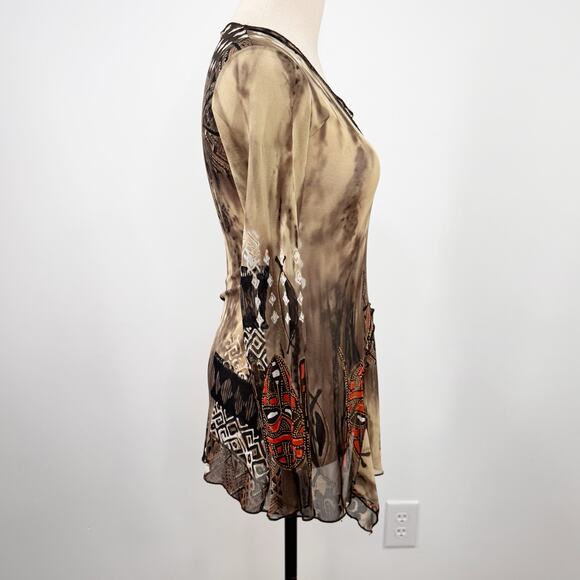 Cache Cache Sheer Mesh Top Brown Abstract Print Asymmetrical Y2K Vintage Size XS - Picture 3 of 10